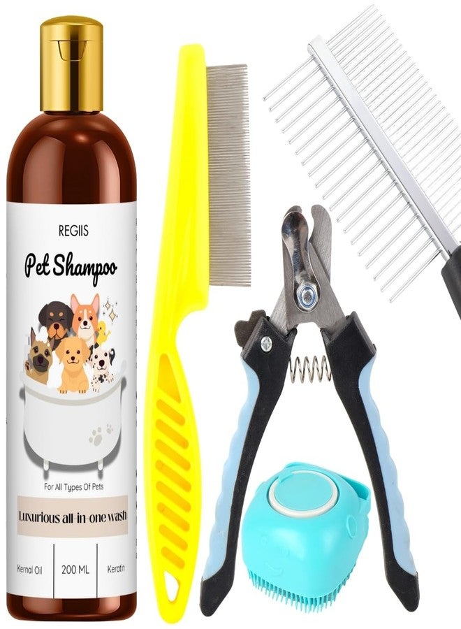 مجموعة أدوات العناية بالحيوانات الأليفة من ريجيس، مجموعة من 5 قطع مع شامبو للكلاب، مقص أظافر، مشط معدني، فرشاة سيليكون، مشط أصفر لفك تشابك الشعر لجميع أنواع الحيوانات الأليفة (عبوة من 5 قطع) - Image 1